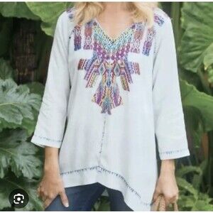 Soft Surroundings Tunic Top Shirt Embroidered Aztec Coastal Cowgirl Tribal Sz XL